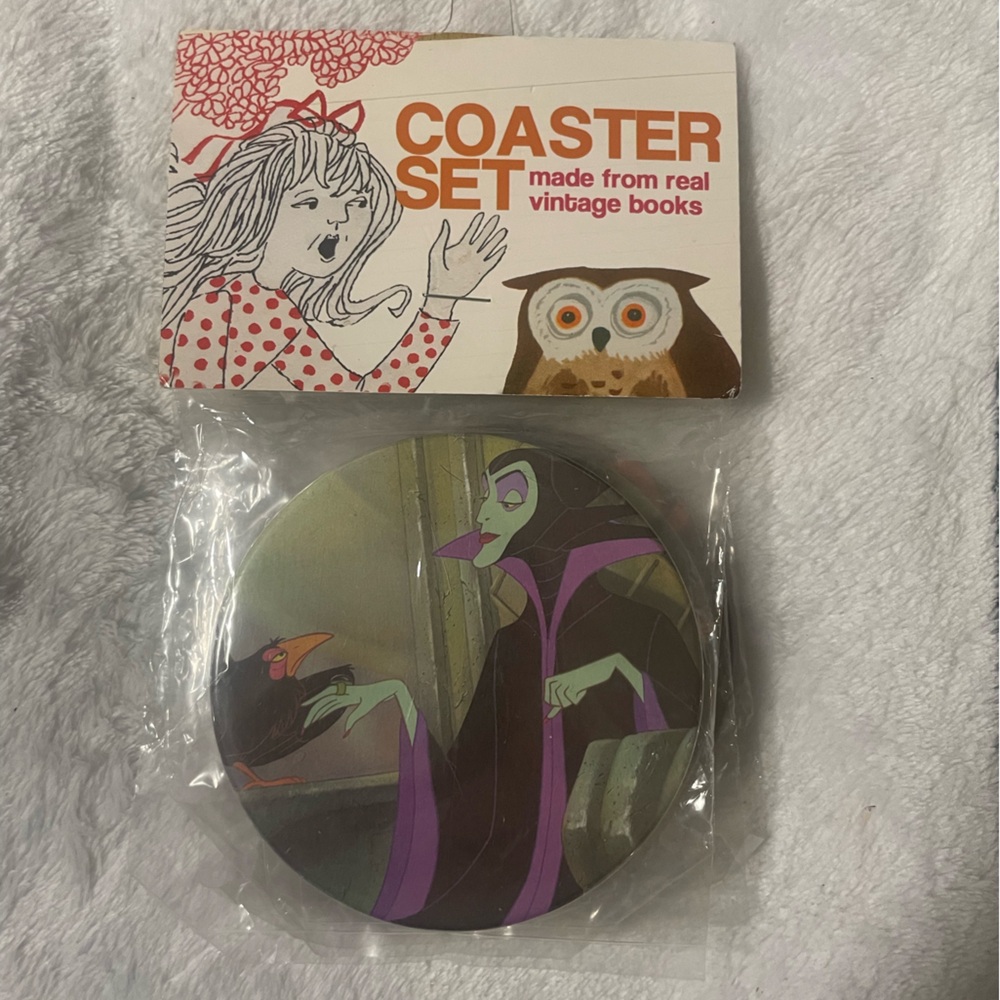 Vintage Book Coaster Set with Disney Villain Design
